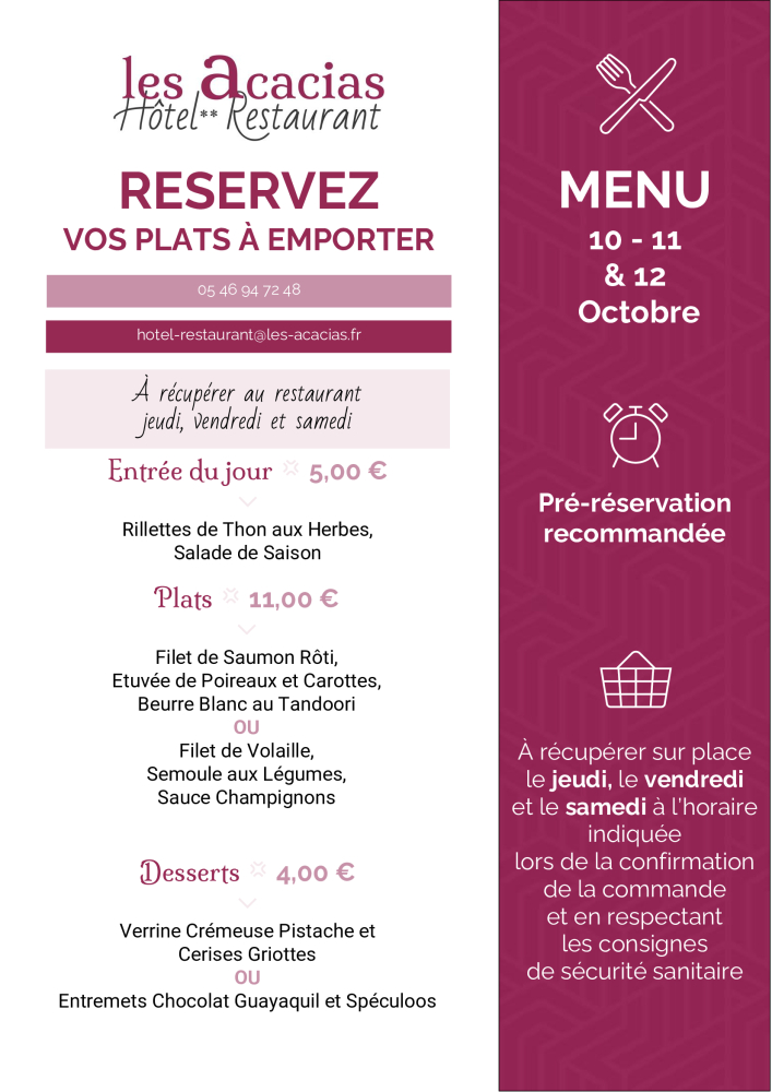 Carte des plats à emporter au restaurant gastronomique à Corme Royal